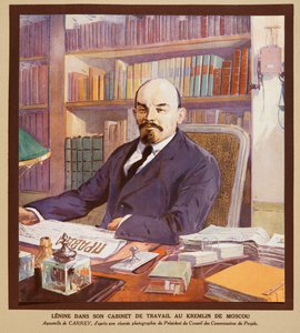 モスクワ、クレムリンの執務室でのレーニン。1922年（カラーリトグラフ） 作： Georges Carrey