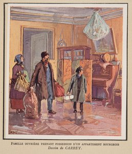ブルジョワのアパートを所有する労働者家族（『ソビエト歴史』より）。1922年（カラーリトグラフ） 作： Georges Carrey
