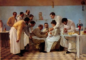 医学の話「ジフテリクスの子供にチューブを挿入する様子。ジョルジュ・シコトー（1899～1907年に活躍）の絵画。20世紀 日1,3x1,8 m パリ公立図書館（Musee de l