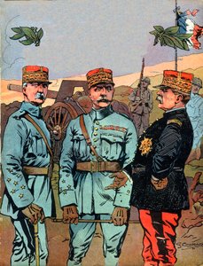 Marechal Joseph Jacques Cesaire Joffre (1852-1931)、Marechal Ferdinand Foch (1851-1929)、Marechal Philippe Petain (1856-1951)、第一次世界大戦中のフランスの偉大な解放者 - ジョルジュ・コンラッド (1874-1936) によるイラスト撮影 「」ノスギレスより 作： Georges Conrad