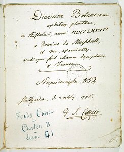 キュビエのサインが入った「Diarium Botanicum」のカバーページ 作： Georges Cuvier