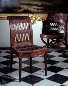 マリー・アントワネットの乳房のために注文された椅子。ジョルジュ・ジャコブ（1739-1814）によるマホガニーの彫刻が施された家具 作： Georges Jacob