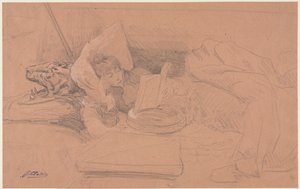 ソファに寄りかかって読書するサラ・ベルナール 作： Georges Jules Victor Clairin