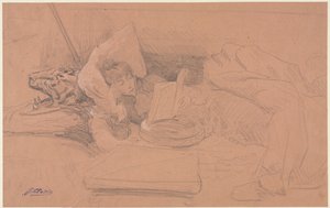 サラ・ベルナール、ソファに寄りかかる、読書、c。 1885～1890年。 作： Georges Jules Victor Clairin