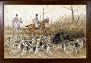狩りをしているイノシシの周りの犬の群れ - ジョルジュ・ラ・ロック作、1900年頃 作： Georges La Roque