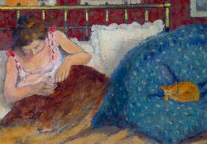 ベッドの中」または「猫を連れた女」 ジョルジュ・ルメン（1865-1916）の絵画 1900年 日。0.3x0.45 m パリ、オルセー美術館 作： Georges Lemmen