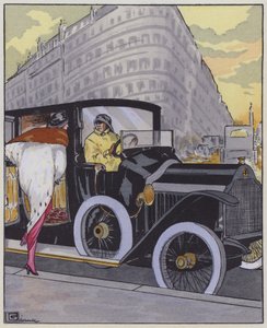 1910年代の女性ファッションと、ロレーヌ＝ディートリッヒの車。(カラーリトグラフ) 作： Georges Leonnec