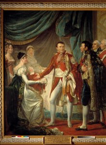 皇帝ナポレオン1世は、1811年3月20日、Iimpress Marie Louiseの前で、帝国の高官たちに息子のローマ王を紹介しています。 ジョルジュ・ルジェ（1784-1869）の絵画 1812年 日2,60 x 2,20 m - ローマ王の贈呈 - ナポレオン