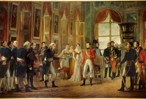 ナポレオン1世（1769-1821）は、1804年5月18日にフランス皇帝を宣言した上院議員をサン＝クルーで迎えました（皇后ジョゼフィーヌの後ろにいるのは、娘のオルタンスと義理の妹マリー＝アンノシアード、カロリーヌ・ボナパルト（1782-1839））。ジェ 作： Georges Rouget