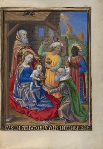 ブックの時間からの賢者の礼拝Ms. 48 fol。 59、c.1480-90（羊皮紙にテンペラ、金箔、インク）