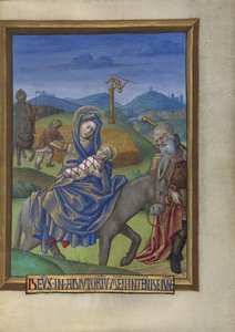 ブック・オブ・アワーズからのエジプトへの逃亡48人67、c.1480-90（羊皮紙にテンペラ、金箔、インク） 作： Georges Trubert