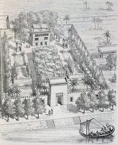 エジプトのナイル川沿いの別荘の様子（Chipiezによる復元）、「古代における芸術の歴史（エジプト、アッシリア、ペルシャ、小アジア、ギリシャ、エトルリア、ローマ）」より 作： Georges and Chipiez Charles Perrot
