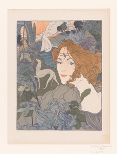 川辺で貴族とグレイハウンドを連れた女性 ル・リターン 作： Georges de Feure