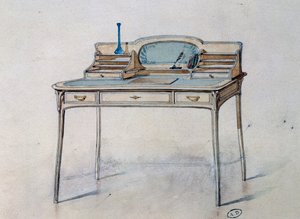 ビング・アトリエ（アールヌーボー工房）のためのアールヌーボー女性用ライティングデスクのドローイング、1900年頃（水彩、鉛筆