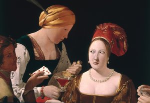ダイヤのエースのチート、2人の女性を描いた詳細、c.1635-40（90053の詳細） 作： Georges de La Tour