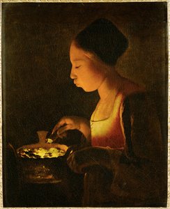 火鉢に息を吹きかける少女（キャンバスに描かれた絵） 作： Georges de la Tour