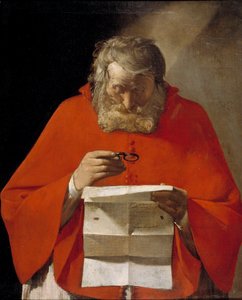 手紙を読む聖ジェローム - キャンバスに油彩、ジョルジュ・デ・ラ・トゥール (1593-1652)、c1628-1629 - マドリードのプラド美術館 作： Georges de La Tour