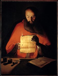 読む聖人ジェローム。ジョルジュ・ドゥ・ラ・トゥール（1593-1652）の絵画 作： Georges de La Tour