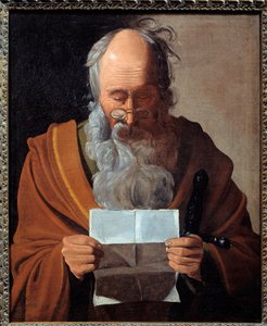 聖パウロ手紙を読む使徒の肖像。ジョルジュ・ド・ラ・トゥール（1593-1652）の絵画 作： Georges de La Tour