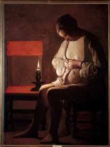 女性はチップを持っています。ジョルジュ・ド・ラ・トゥール（1593-1652）の絵 作： Georges de La Tour