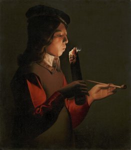 Un jeune garcon avec une pipe, souffle sur un brandon - ラ・トゥール、ジョルジュ、ド（1583-1652）の「パイプを持った若い少年が、火の粉を吹いている」。油彩・キャンバス 作： Georges de La Tour