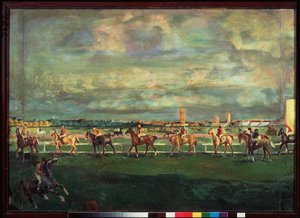 競馬 (競馬) - Georgi Bogdanovich Yakulov (1884-1928) による絵画、木に油彩 作： Georgy Bogdanovich Yakulov
