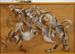 "馬を襲うライオン" ゲオルギー・ヤクーロフ（1884-1928）の絵画 油彩・プレイウッド 1917-1918年 薄暗い 99x149 cm 国立トレチャコフ・ギャラリー（モスクワ 作： Georgy Bogdanovich Yakulov