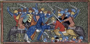 エウドとサラセン人を打ち負かすシャルル・マルテル（フランス大時代誌、王立16巻G.VI、f.117v、1332-1350年頃） (22727638241) 作： トビリシのGeorgiaLevanRamishvili