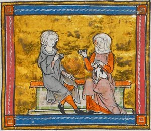 白黒の小犬を抱いた婦人と会話するランスロット（『モルテ・アルトゥ』より、1315-1325年頃） (41067329535) 作： トビリシのGeorgiaLevanRamishvili