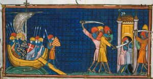 チュニスに上陸するルイ9世と、塔の中でサラセン人に断ち切られるフランス人（「Chroniques de France ou de St Denis」より、14世紀） (22528512660)