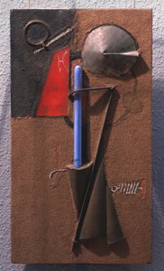 材料の着色された構成、番号7。（静物）。 Georgi Avgustovich Stenberg (1900-1933) の作品、木、金属、ガラス、砂、木 作： Georgii Avgustovich Stenberg