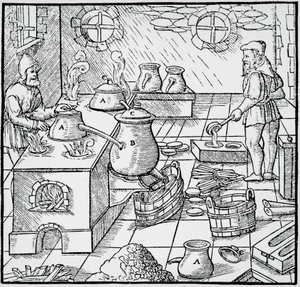 バーゼルで出版された Georg Pawer または Georgius Agricola (1494-1555) による De re metalica (金属の性質について) からの彫刻