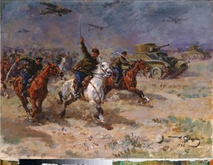 攻撃 (10 月革命中の赤軍の戦車と騎兵隊) - 攻撃 - ジョージ (Georgy, Georgi) Konstantinovich Savitsky (1887-1949) による絵画、キャンバスに油彩 作： Georgiy Konstantinovich Savitsky