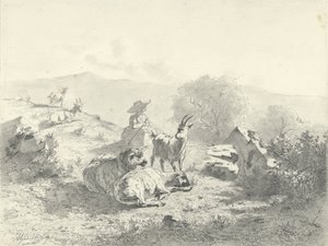 山岳風景の中でヤギと羊を持つ羊飼い 作： Gerard Bilders