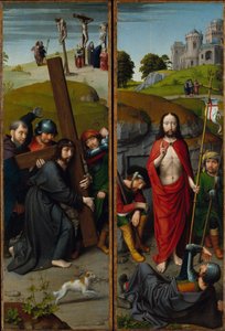 はりつけで十字架を運ぶキリスト。 エマオの巡礼者との復活、1510年頃（オークパネルに油彩） 作： Gerard David
