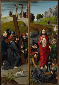 十字架を背負ったキリスト、はりつけ、復活、巡礼者...、ca。 1510。 作： Gerard David
