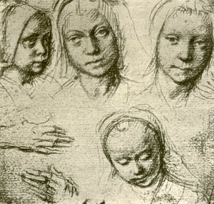 若い女の子の4つの頭と両手、c1500-1505、1908。 作： Gerard David