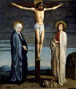 磔にされた状態。十字架上に「INRI」（I.N.R.I.）の碑文。ジェラール・ダヴィッド（1460-1523）による絵画