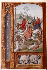 追加 35313 fol.158v 1500 年頃の「死者の夜番」より、スケルトンが狩猟隊を攻撃する (ベラム) 作： Gerard Horenbout