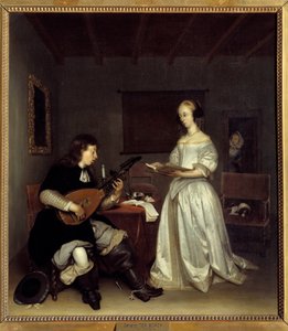 歌手とリュート奏者テオルボのデュオ。ジェラール・テル・ボルヒ（1617-1681）による絵画、オランダ 作： Gerard ter Borch