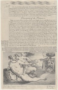 ミケランジェロの後のヴィーナスとキューピッドの絵のラッフル チケット、1734 年。 作： Gerard Vandergucht