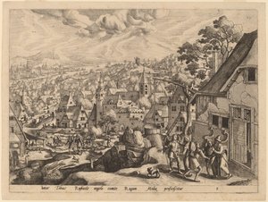 大天使ラファエルがトビアスを家から連れ出す 作： Gerard de Jode after Hans Bol
