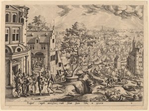 トビアス、ラグエルの家に到着 作： Gerard de Jode after Hans Bol