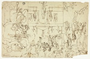 彫像と絵画の図版に基づく模写（レクト）；男性の骨格の寸法（裏面） 作： Gerard de Lairesse