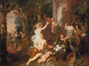 フローラの神殿で敬意を払うニンフとバカンテス 作： Gerard de Lairesse