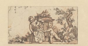 オランダの紋章付きの 2 つの putti を含むビネットのデザイン 作： Gerard de Lairesse
