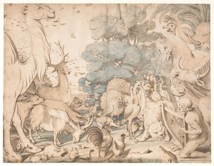 オルフェウスは彼のゲームで動物を魅了します 作： Gerard ter Borch