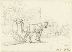 馬とそりの隣にいる 3 人の男性 作： Gerard ter Borch (II)
