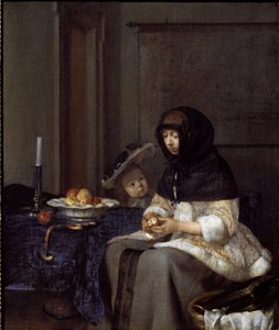 リンゴの皮をむく母親（油彩・キャンバス 作： Gerard ter Borch