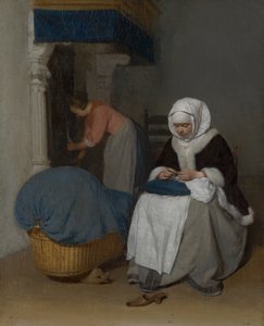 ゆりかごのそばで縫う女、1656年頃 作： Gerard ter Borch